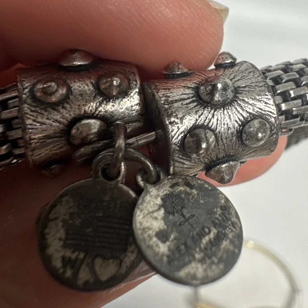 Alex and Ani Vintage Sixty-Six Silver Mesh Wrap Bangle Bracelet Studded‎ Charms